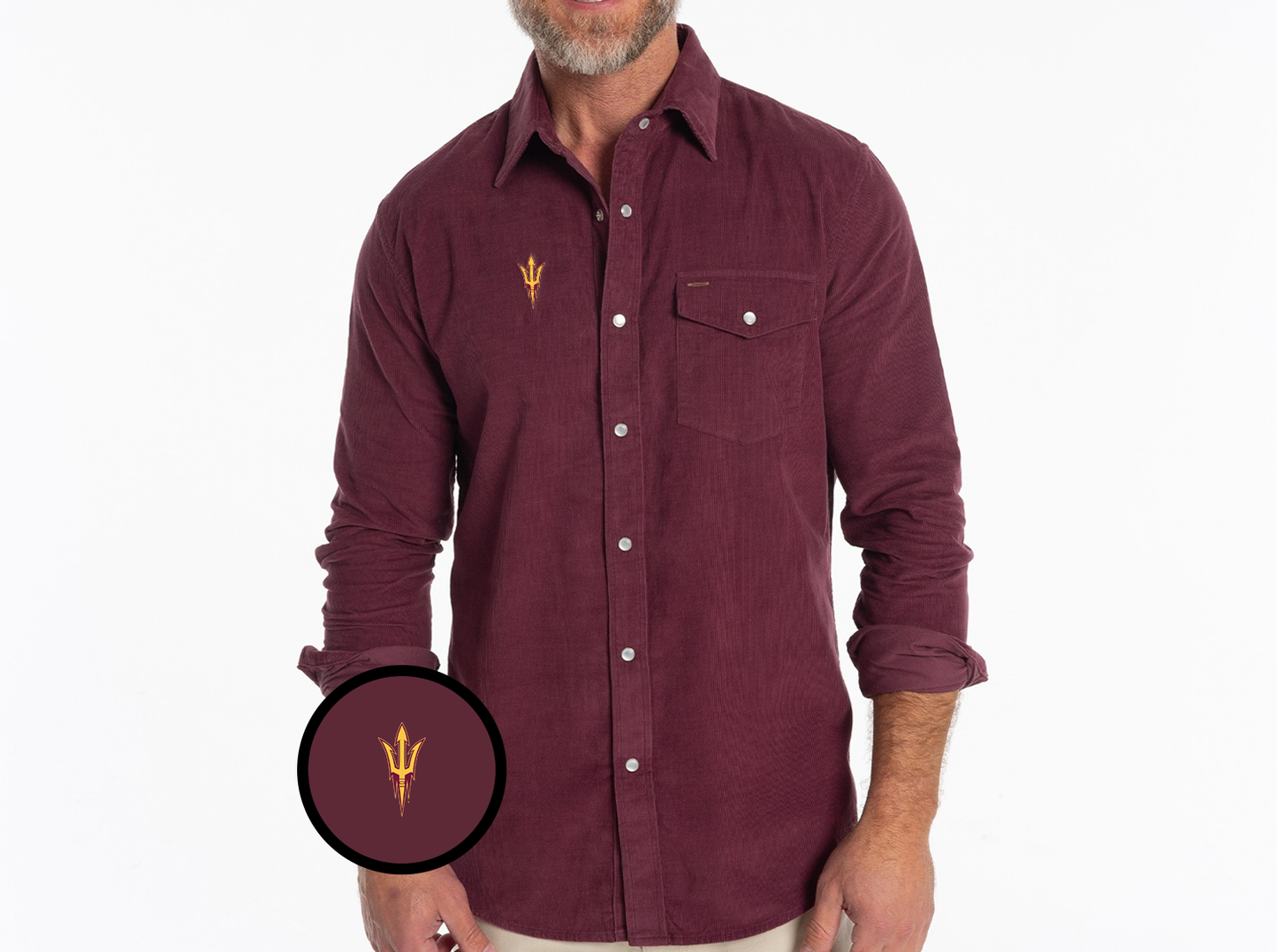 Criquet Arizona State Corduroy Pearl Snap in Pitchfork, Cherrywood, view 1