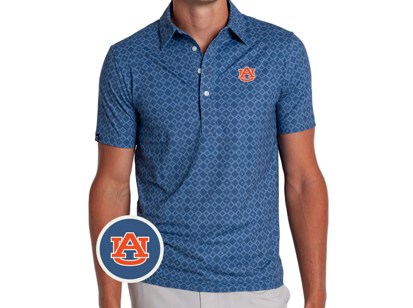 A man wearing a blue short-sleeve polo shirt with a repeating geometric pattern and an orange Auburn Tigers logo on the left chest. A circular Auburn Tigers logo overlay is visible in the lower-left corner.