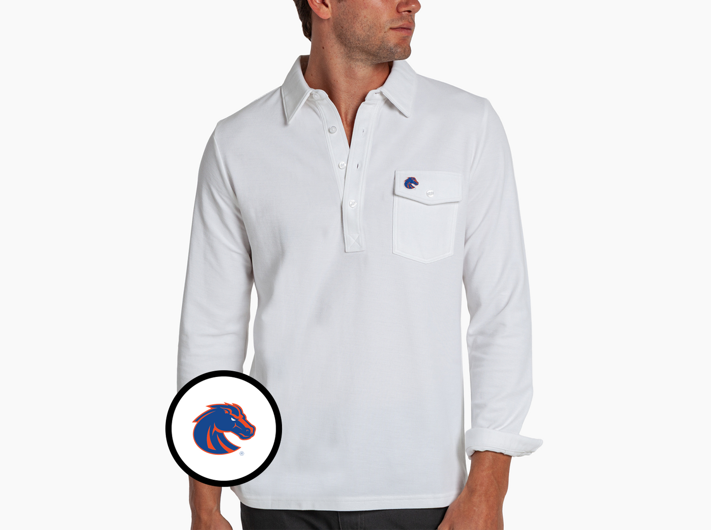 Criquet Boise State Long Sleeve Players Shirt in Bronco, White, view 1