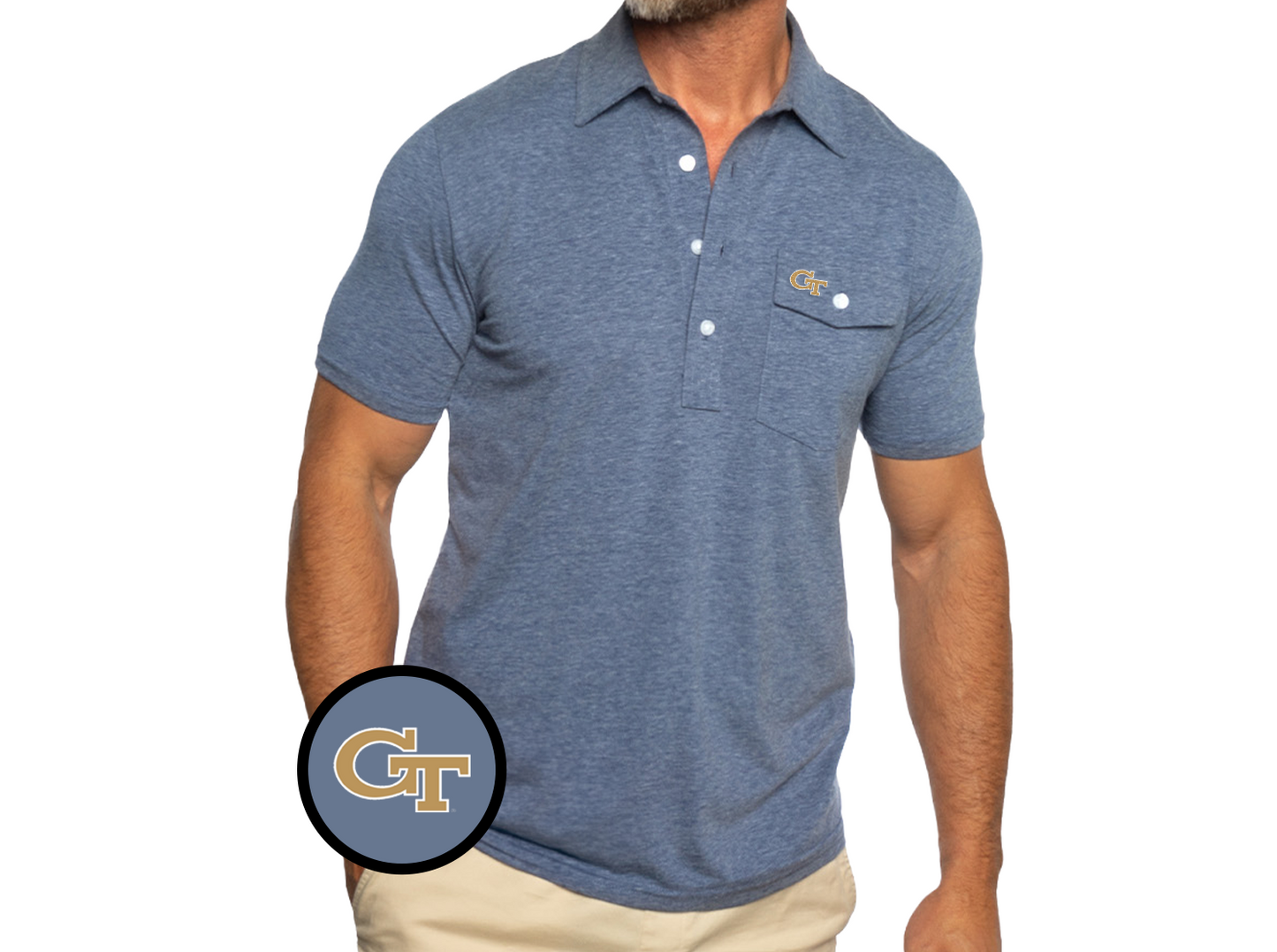 Criquet Georgia Tech in Coaches Players Shirt, GT Outline, Heather Navy, view 2