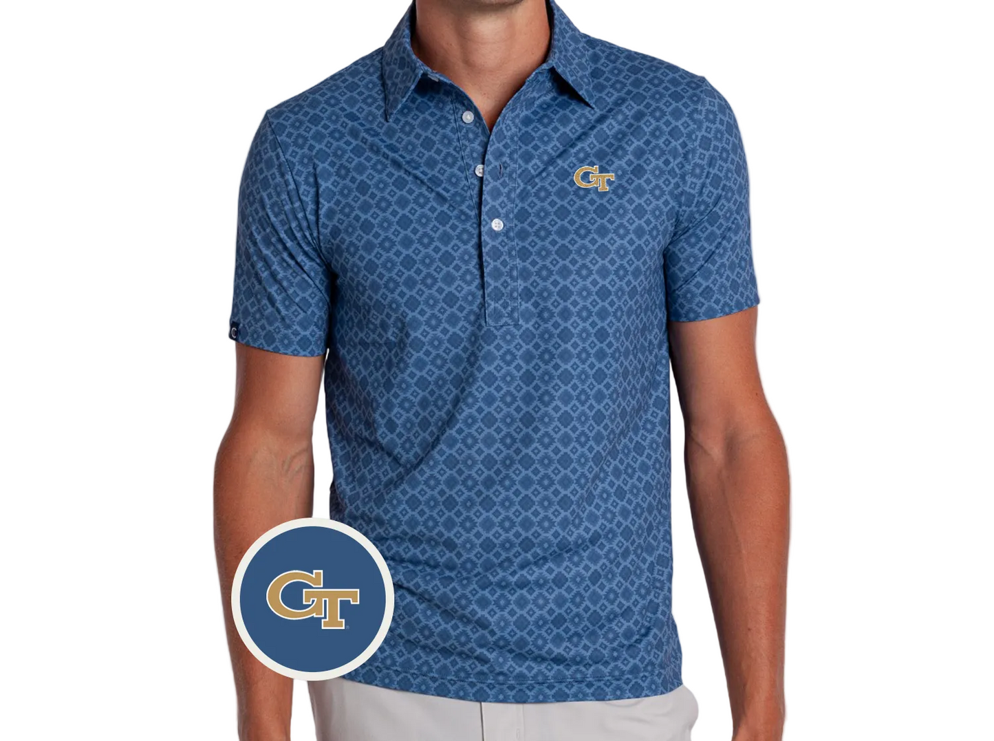 A man wearing a blue short-sleeve polo shirt with a repeating geometric pattern and a gold Georgia Tech GT logo with a white outline on the left chest. A circular inset GT logo is shown in the lower-left corner.