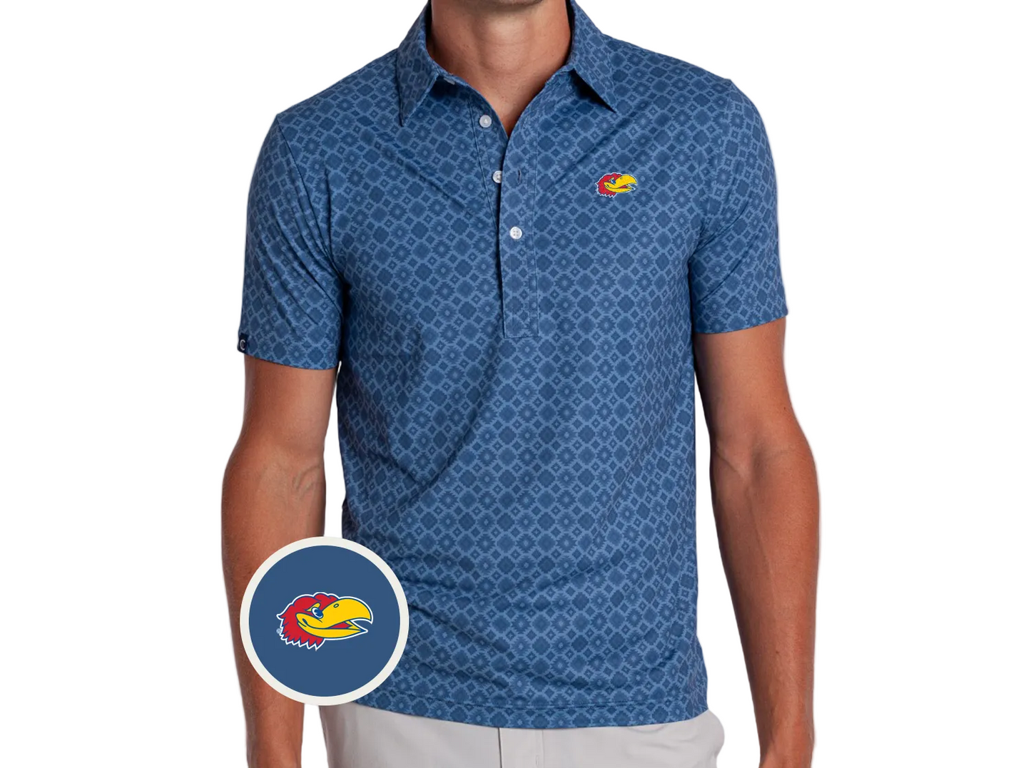 A man wearing a blue short-sleeve polo shirt with a repeating geometric pattern and a small Kansas Jayhawks logo on the left chest. A circular inset shows the full Kansas Jayhawks logo.