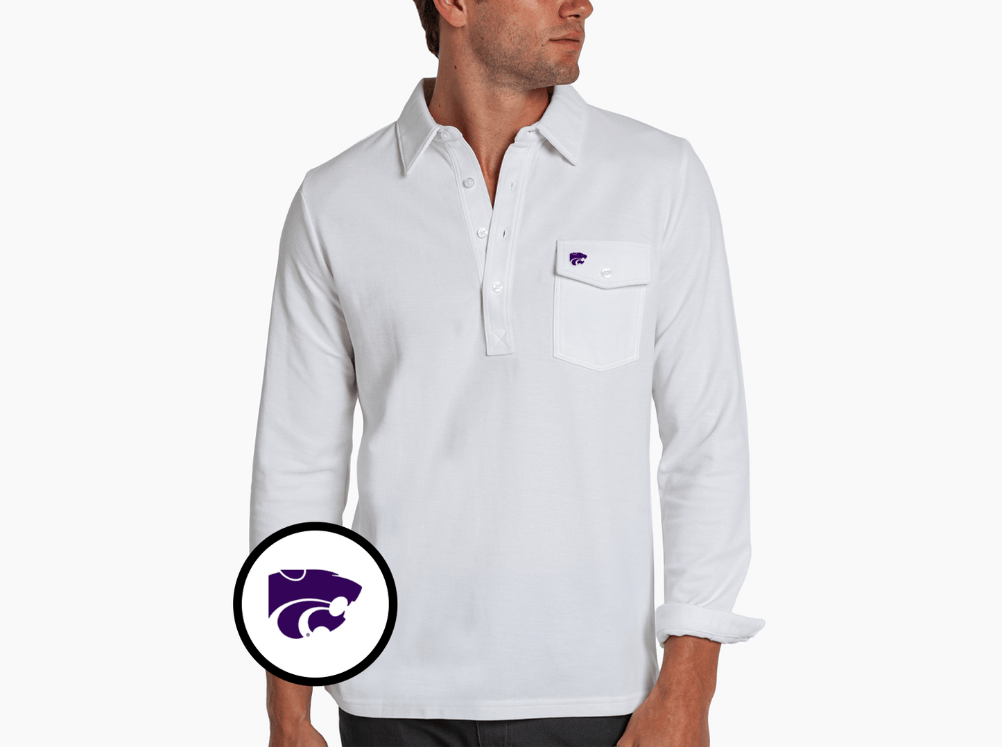 Criquet Kansas State Long Sleeve Players Shirt in Wildcat, White, view 2