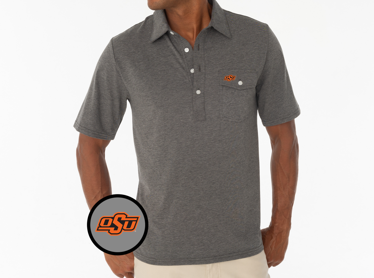Criquet Oklahoma State in Coaches Players Shirt, OSU, Heather Grey, view 2