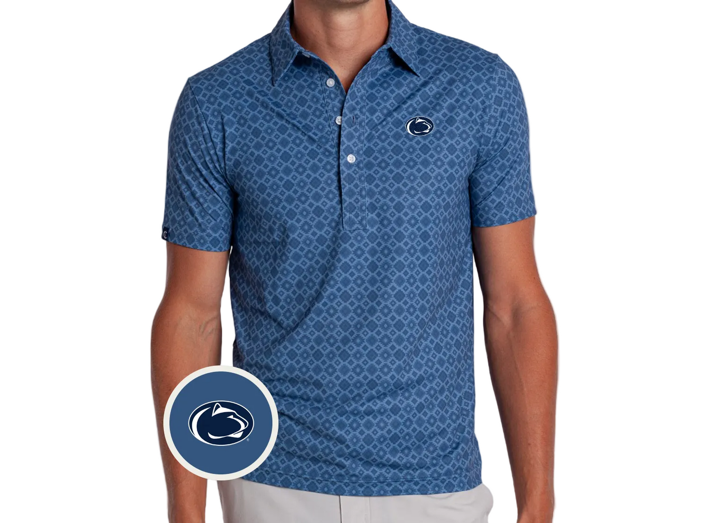 A man wearing a blue short-sleeve polo shirt with a repeating geometric pattern and a circular Penn State Nittany Lions logo on the left chest. A circular inset zoom of the logo is shown in the lower-left corner.
