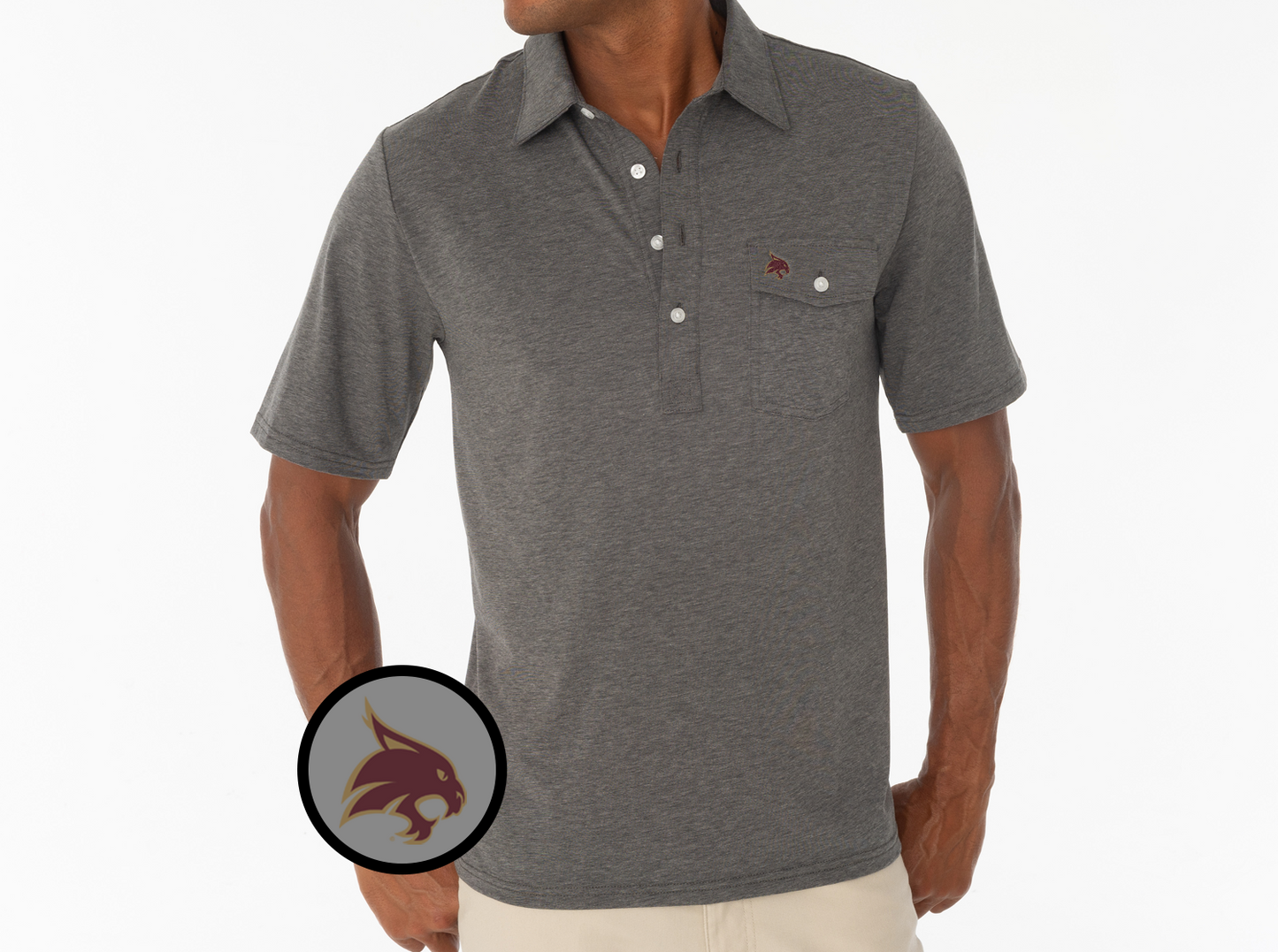 Criquet Texas State- Coaches Players Shirt in Bobcat, Heather Grey, view 2