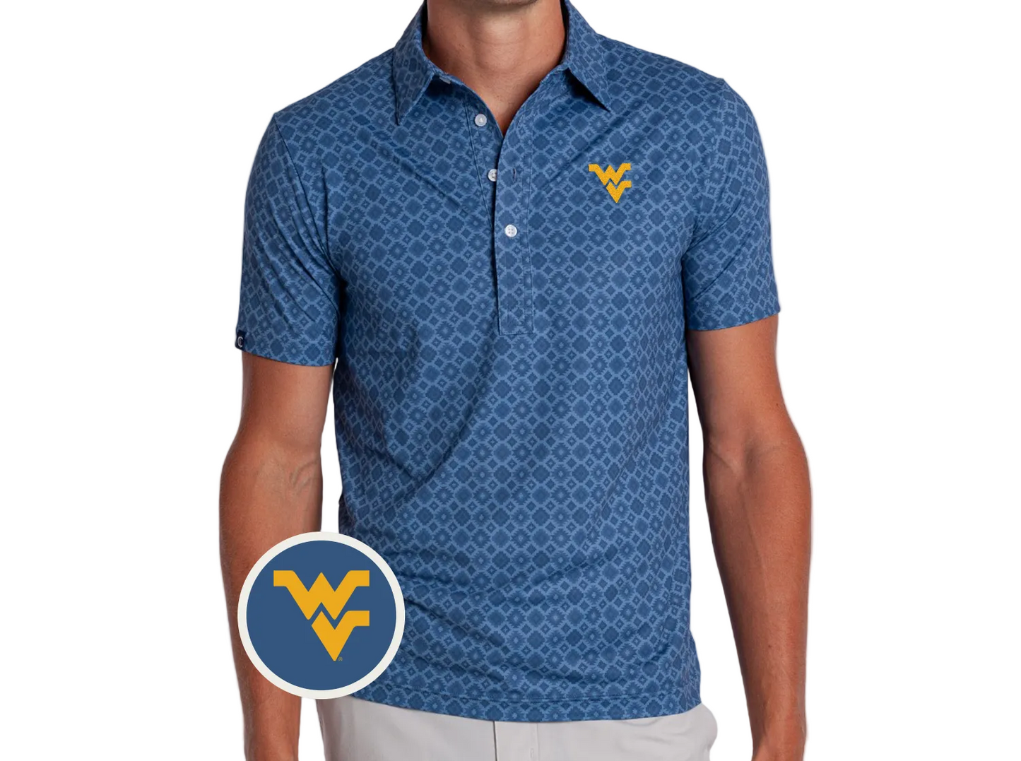 A man wearing a blue short-sleeve polo shirt with a subtle geometric pattern and a yellow West Virginia University logo on the left chest. A circular inset logo is shown in the lower-left corner.