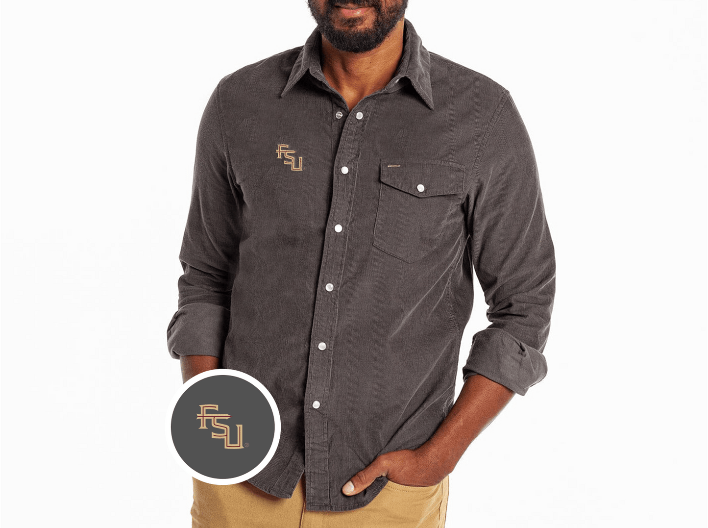 Criquet Florida State Corduroy Pearl Snap in FSU, Charcoal, view 2