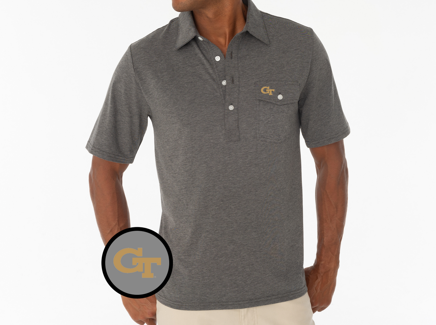 Criquet Georgia Tech in Coaches Players Shirt, GT No Outline, Heather Grey, view 2