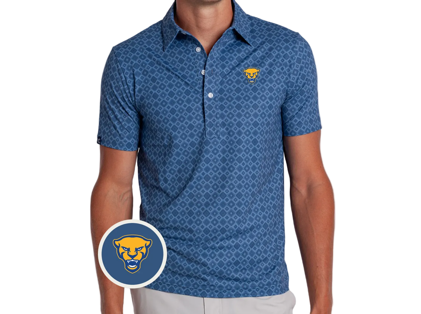 A man wearing a blue short-sleeve polo shirt with a repeating geometric pattern and a small Pitt Panther on the left chest. A circular inset at the bottom left shows a close-up of the Pitt Panther logo.