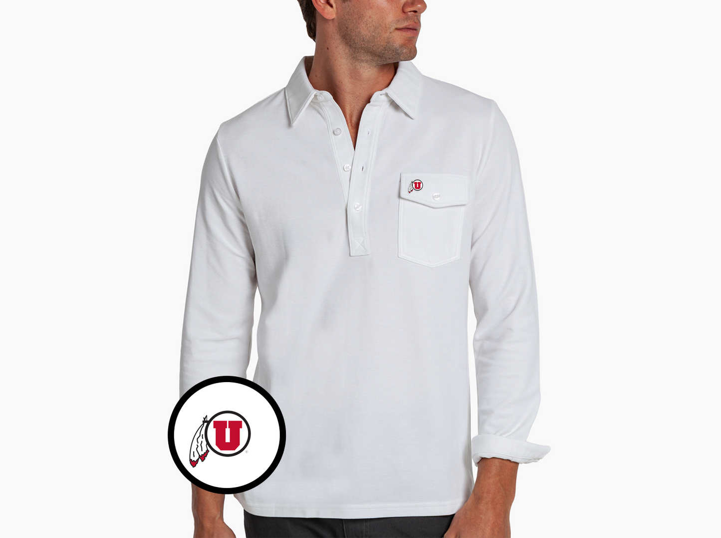 Criquet Utah Long Sleeve Players Shirt in Circle & Feather, White, view 2