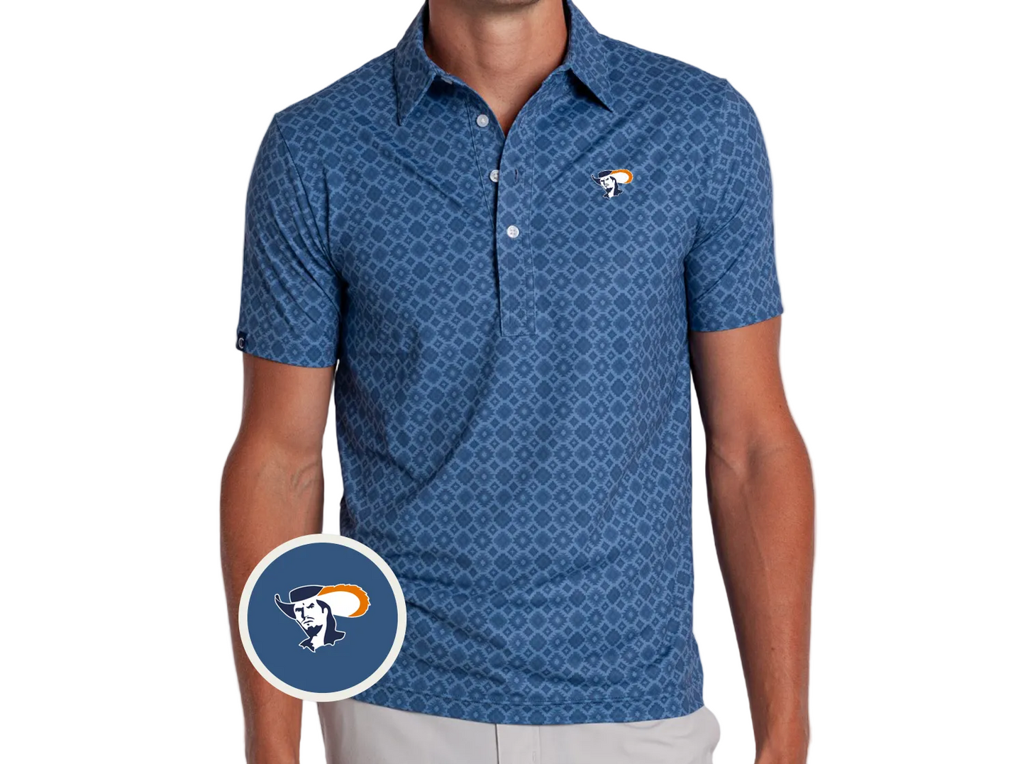 A man wearing a blue short-sleeve polo shirt with a repeating geometric pattern and a small embroidered Virginia Cavalier logo on the left chest. A circular inset shows a close-up of the Cavalier logo.