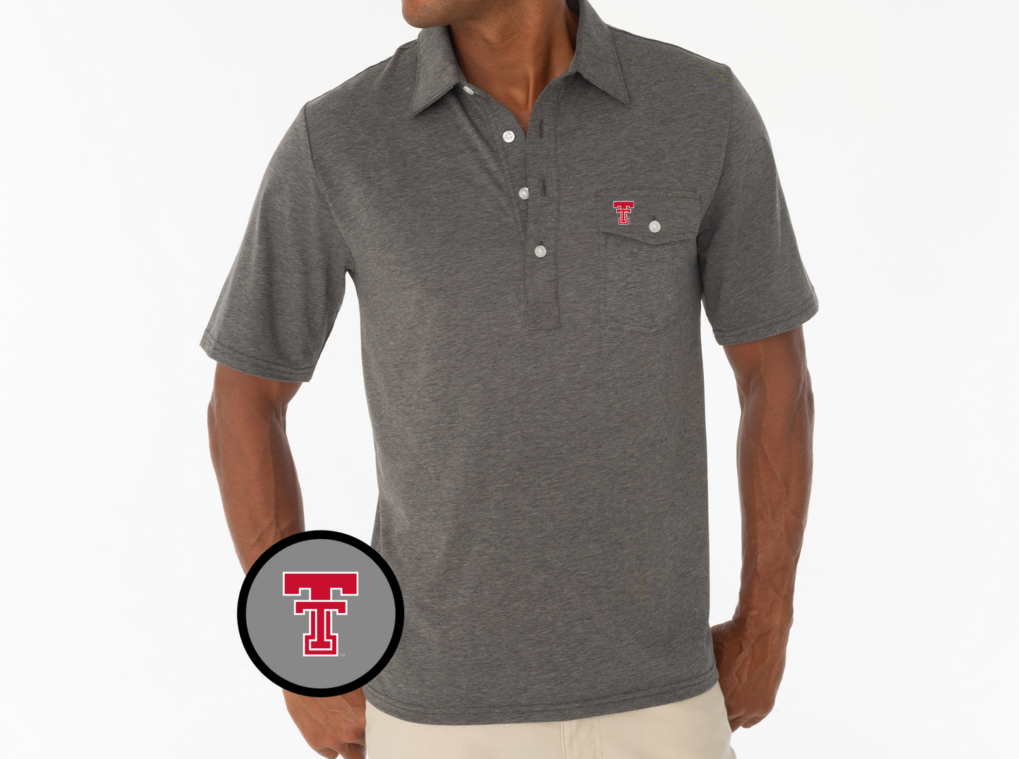 Criquet Texas Tech in Coaches Players Shirt, New Double T, Heather Grey, view 2