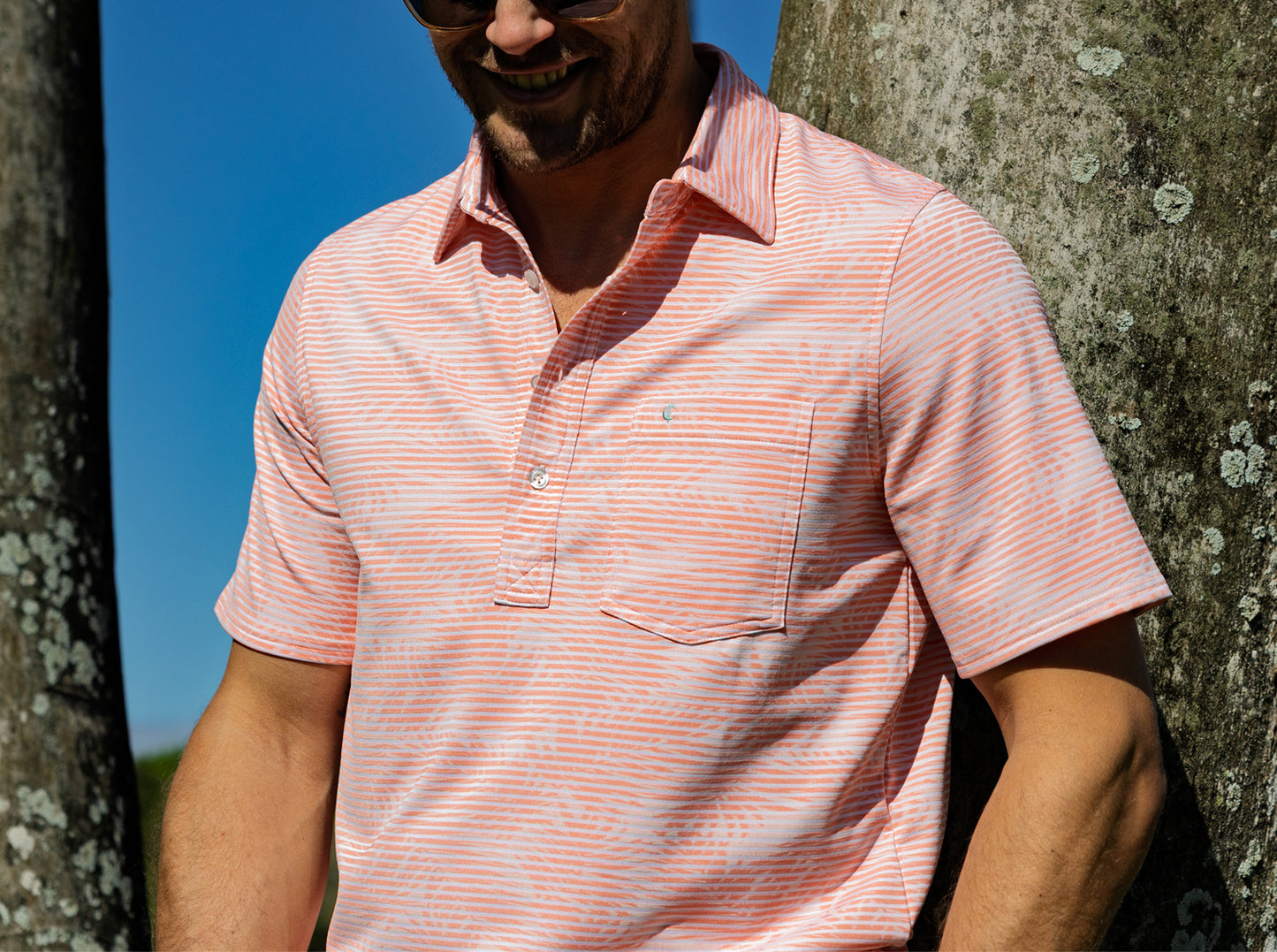 Criquet Jacquard Palm Stripe Polo in Coral, view 7