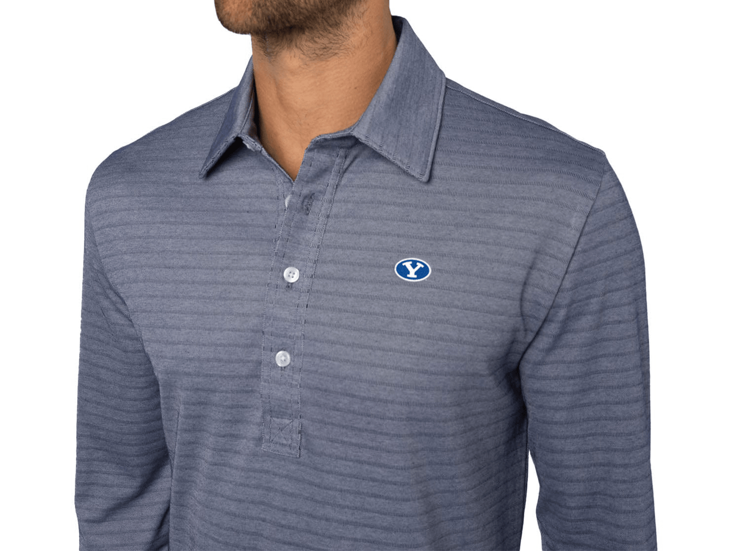 Criquet BYU Jacquard Long Sleeve Range Polo in Oval, Navy Stripe, view 2