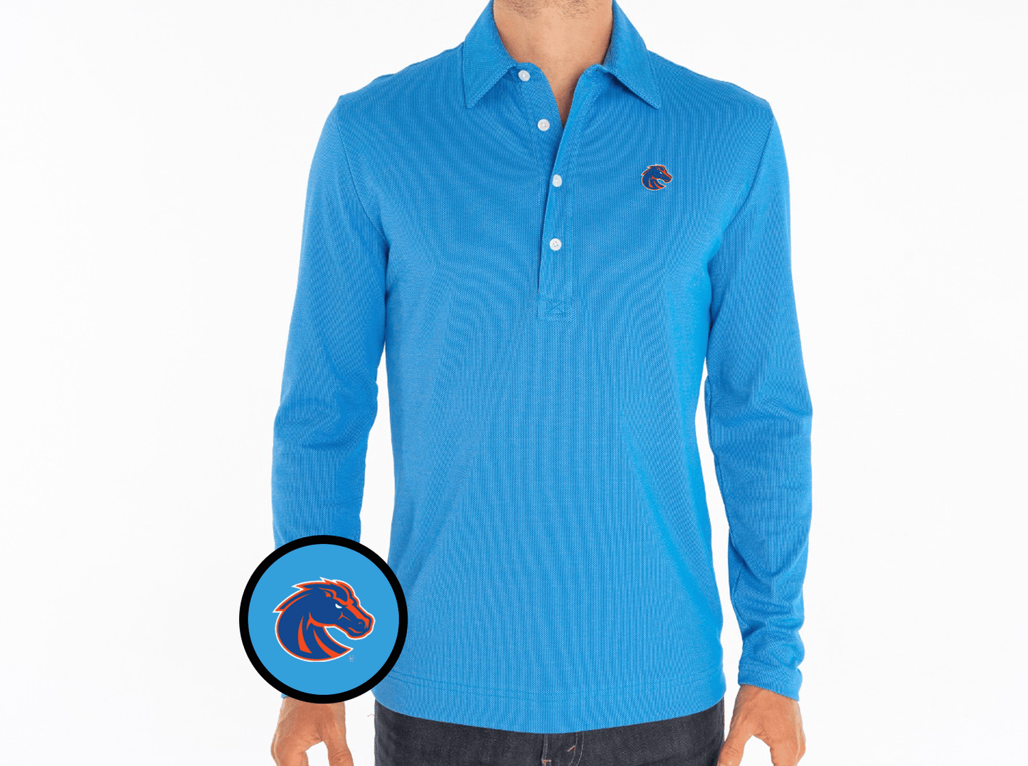 Criquet Boise State Jacquard Long Sleeve Range Polo in Bronco, Blue, view 2
