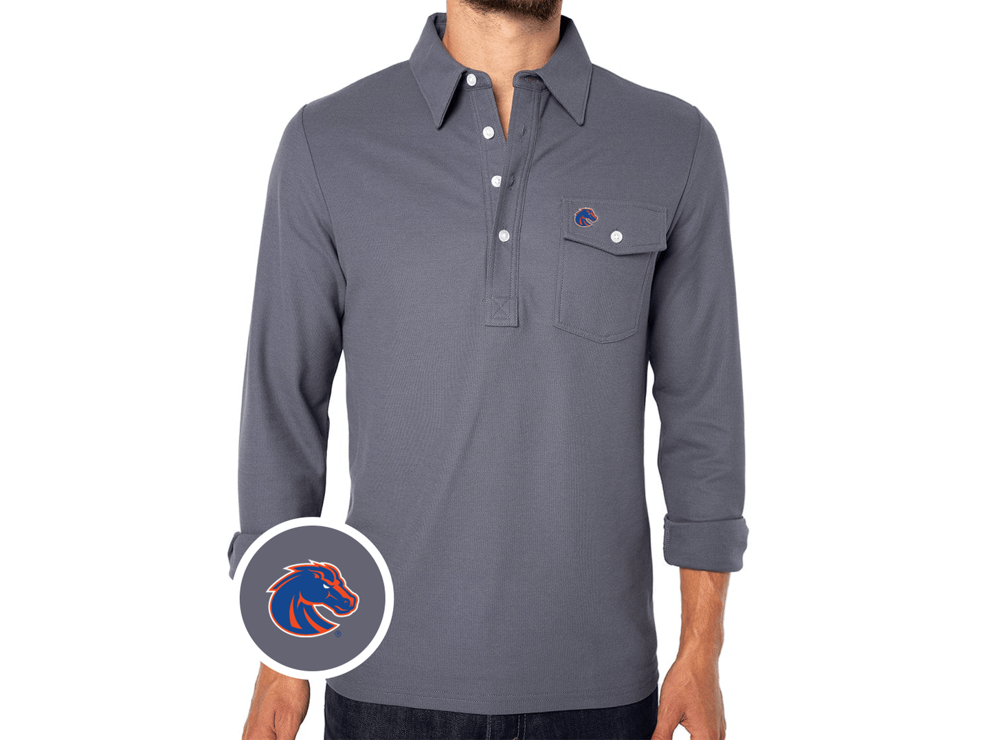 Criquet Boise State Long Sleeve Players Shirt in Bronco, Blue Steel, view 2