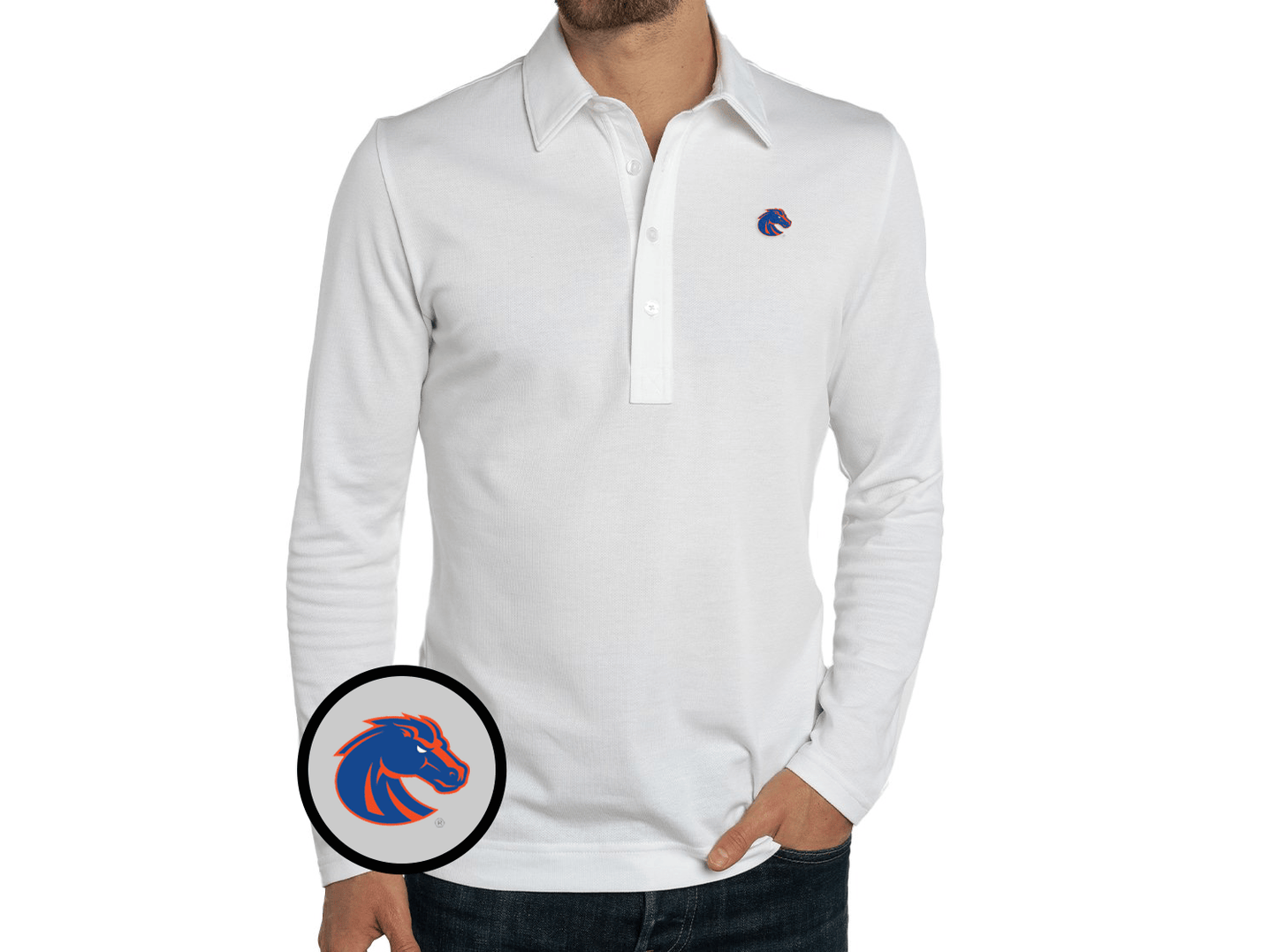Criquet Boise State Jacquard Long Sleeve Range Polo in Bronco, White, view 2