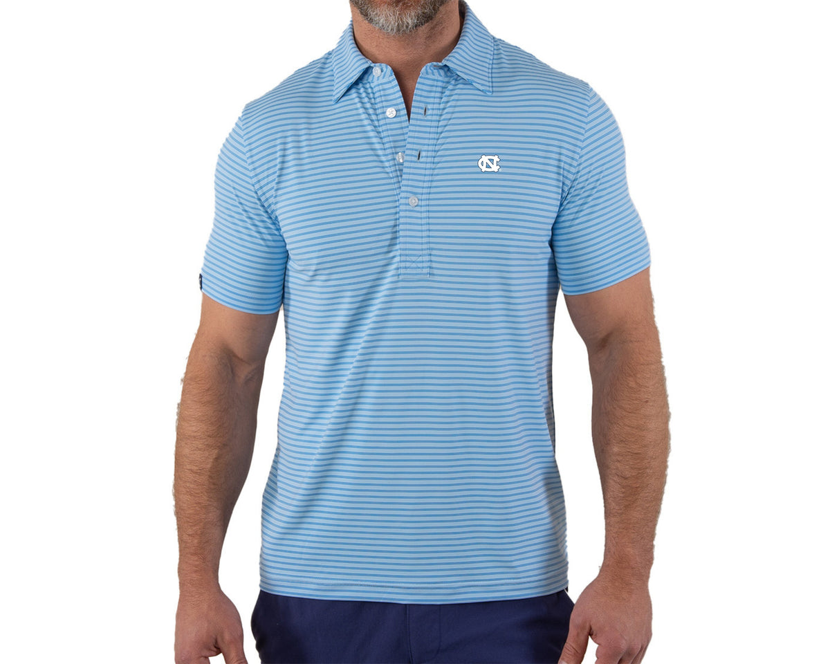 Criquet North Carolina in Performance Sport Range Polo, UNC Interlock, Dbl. Stripe- Lt. Blue, view 1