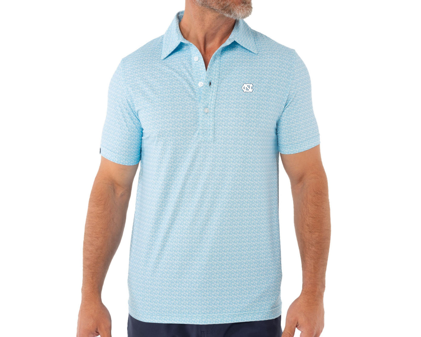 Criquet North Carolina in Performance Sport Range Polo, UNC Interlock, Dice Print, Lt. Blue, view 1