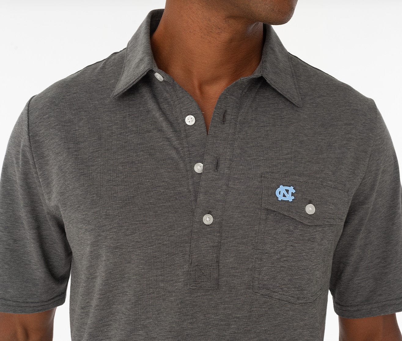 Criquet North Carolina in Coach's Performance Players Shirt, UNC Interlock, Heather Gray, view 2