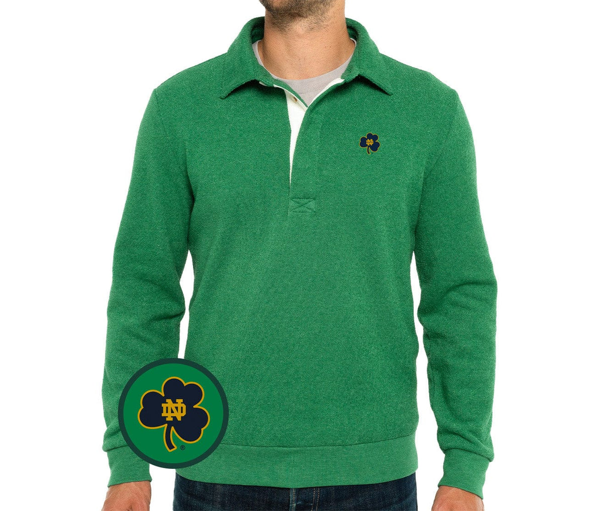 Criquet Notre Dame in Terry Collared Sweatshirt, Clover, Green, view 2