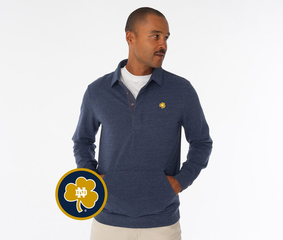 Criquet Notre Dame in Collared Sweatshirt, Clover, Heather Navy, view 2
