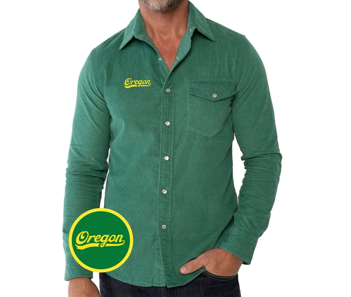 Criquet Oregon Corduroy Pearl Snap in Script, Green, view 2
