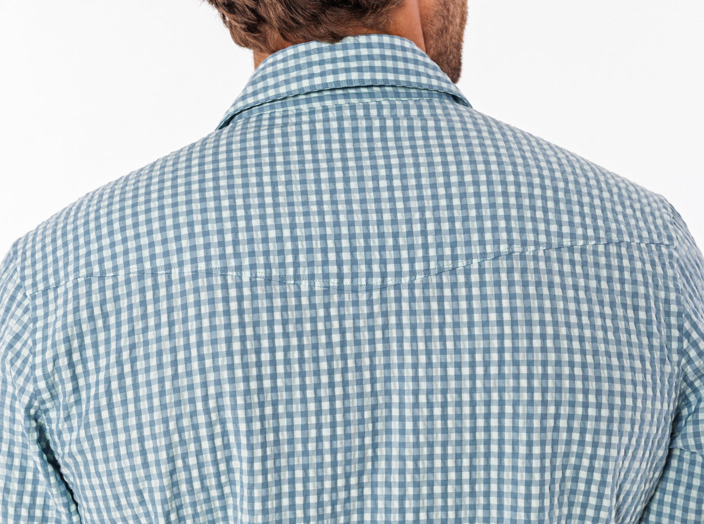 Criquet Performance Pearl Snap Button Down in Gingham Seersucker, Blue, studio photo