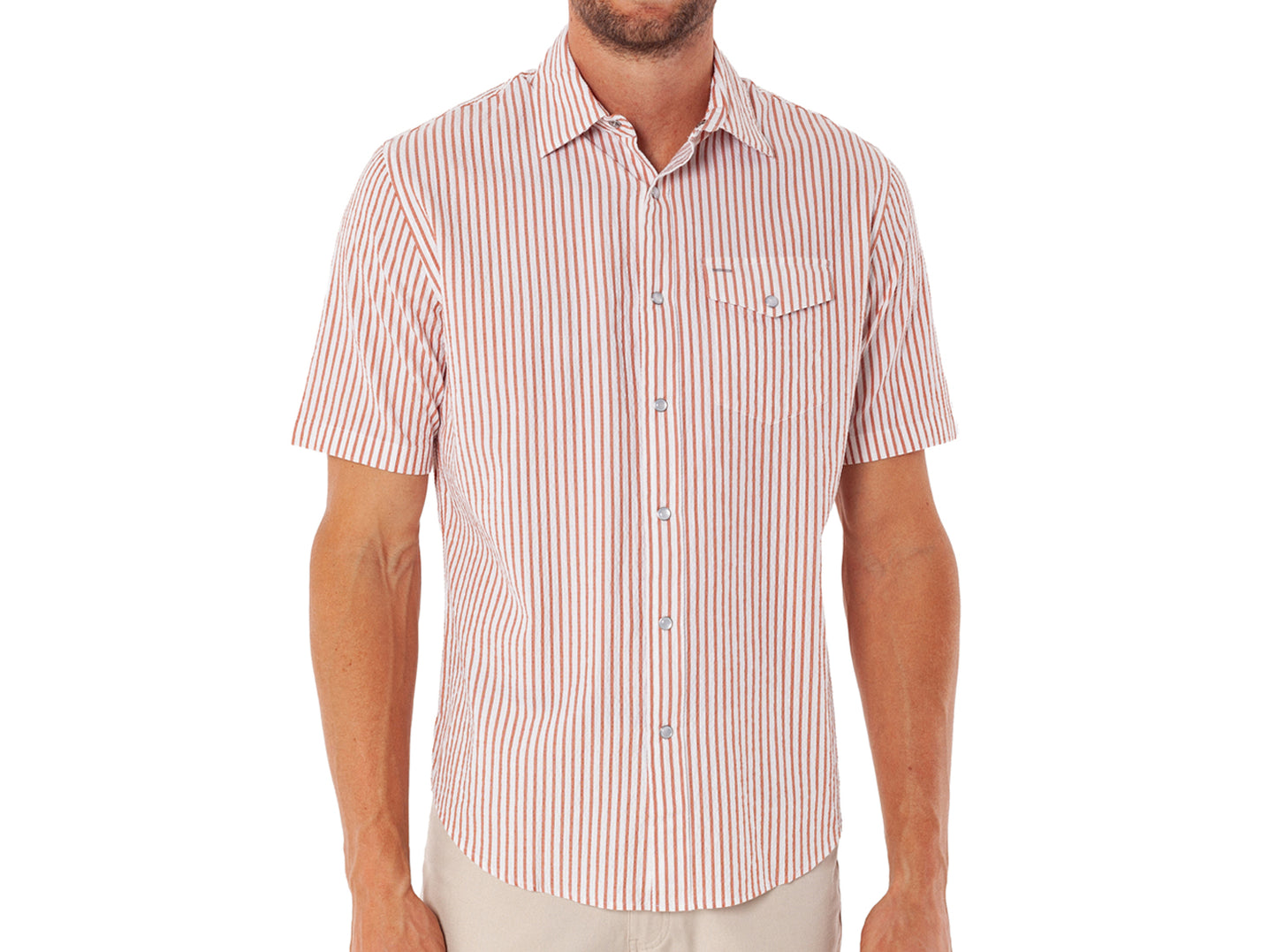 Criquet Short Sleeve Performance Pearl Snap in Burnt Orange Seersucker, studio photo