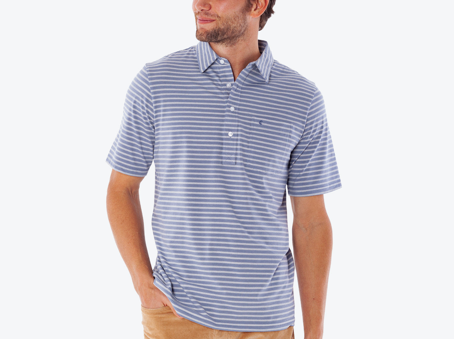 Criquet Top-Shelf Players Shirt in Canyon Stripe Blue, studio photo