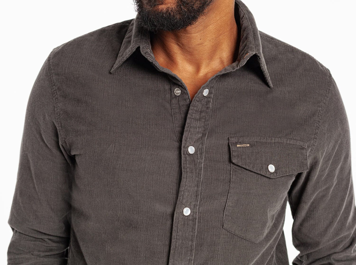 Criquet Corduroy Pearl Snap in Charcoal, studio photo