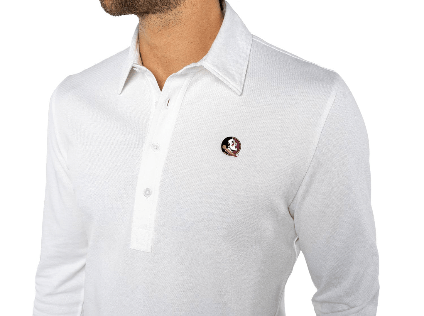 Criquet Florida State Jacquard Long Sleeve Range Polo in Seminole, White, view 2
