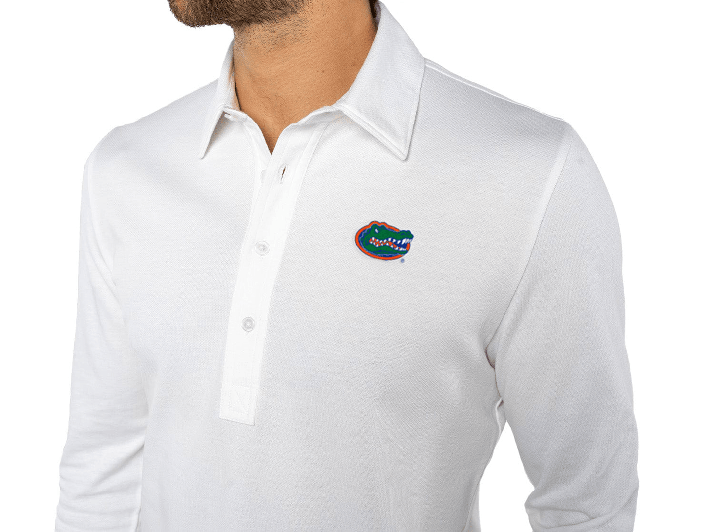 Criquet Florida Jacquard Long Sleeve Range Polo in Albert, White, view 2