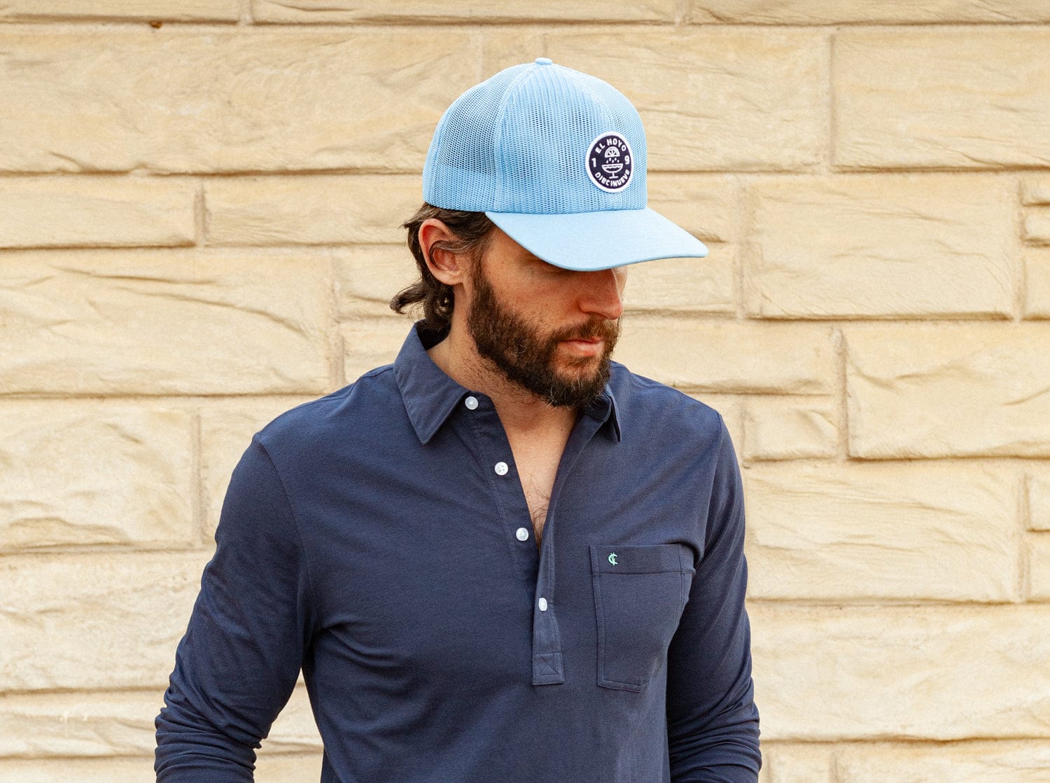 light blue mesh hat and navy polo - Secondary