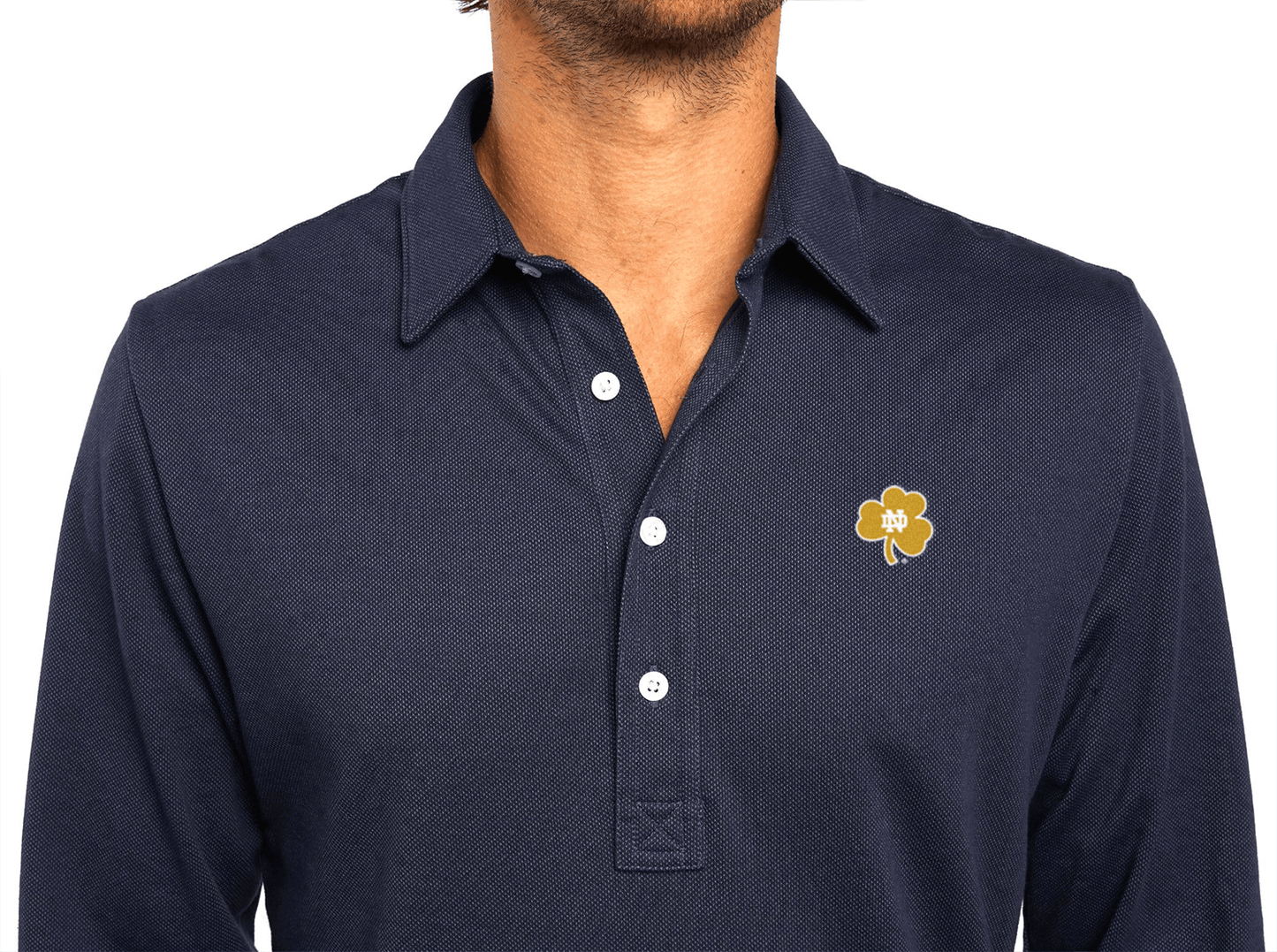 Criquet Notre Dame in Jacquard Long Sleeve Polo, Shamrock, Navy, view 2