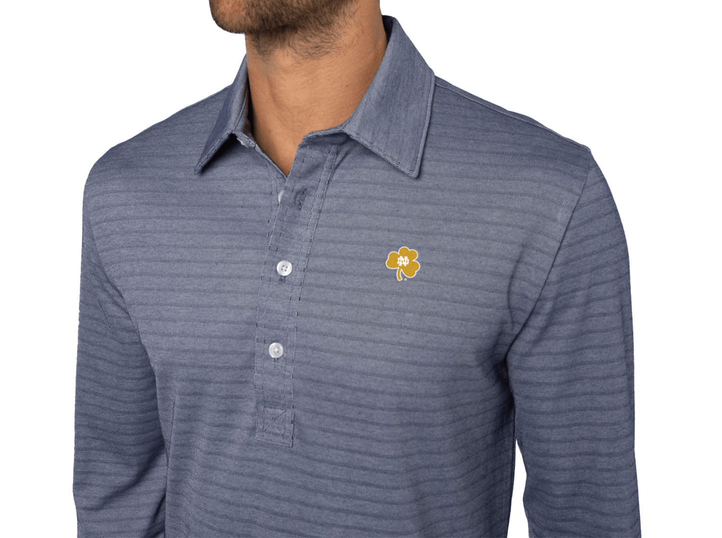 Criquet Notre Dame Jacquard Long Sleeve Range Polo in Shamrock, Navy Stripe, view 2