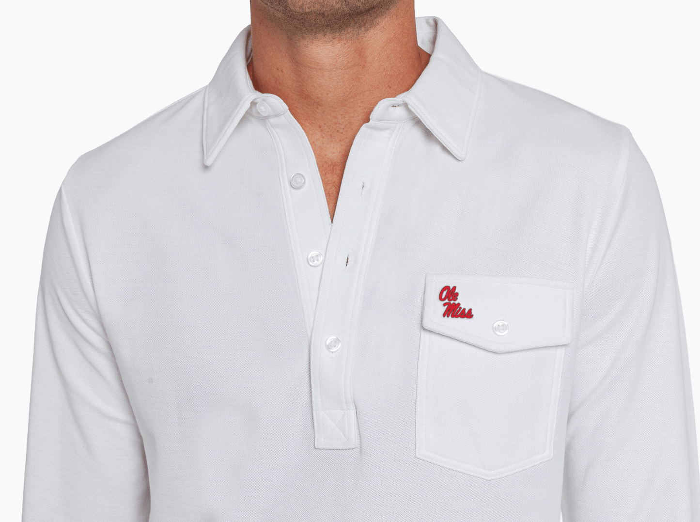 Criquet Ole Miss Long Sleeve Players Shirt in Ole Miss Stack, White, view 2