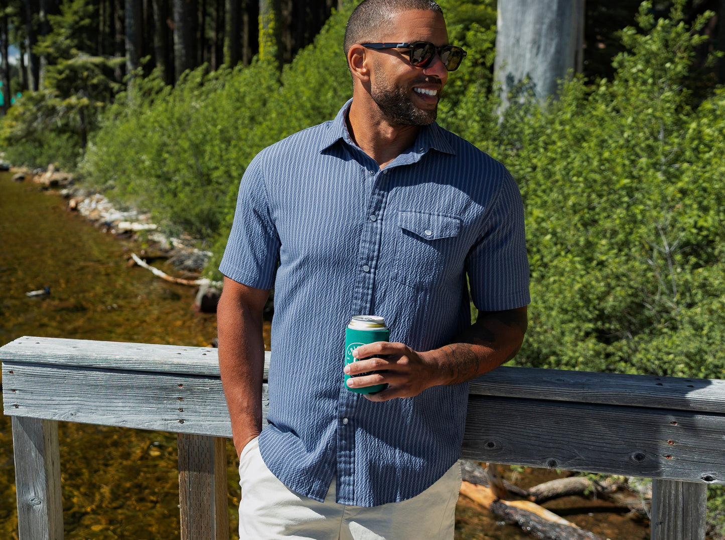 Criquet Short Sleeve Performance Pearl Snap in Dusty Blue Seersucker, view 8