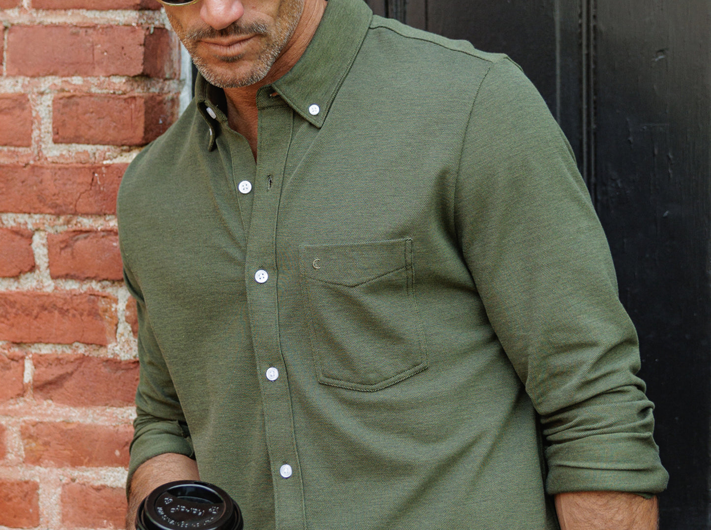 Criquet Oxford Knit Button Down in Dark Olive, view 3