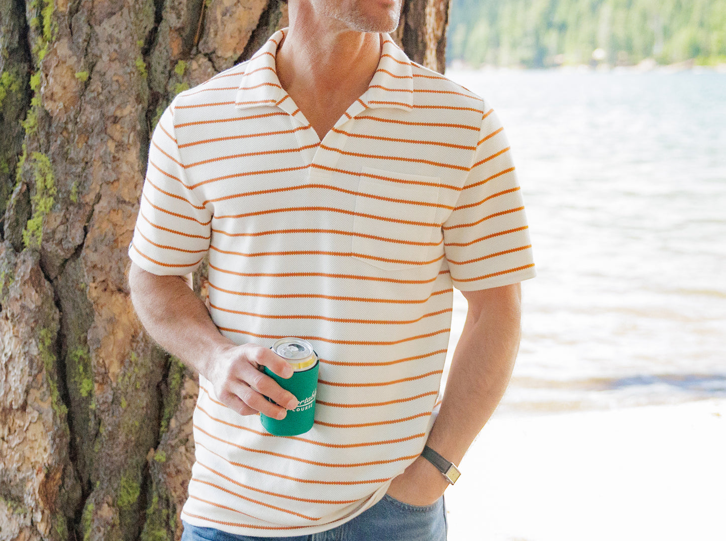 Criquet The Monty Short Sleeve Polo in Burnt Orange Stripe, view 6