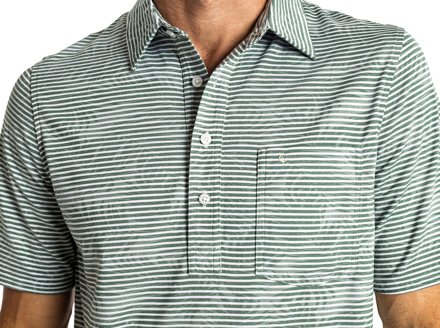 Criquet Jacquard Palm Stripe Polo in Olive, studio photo