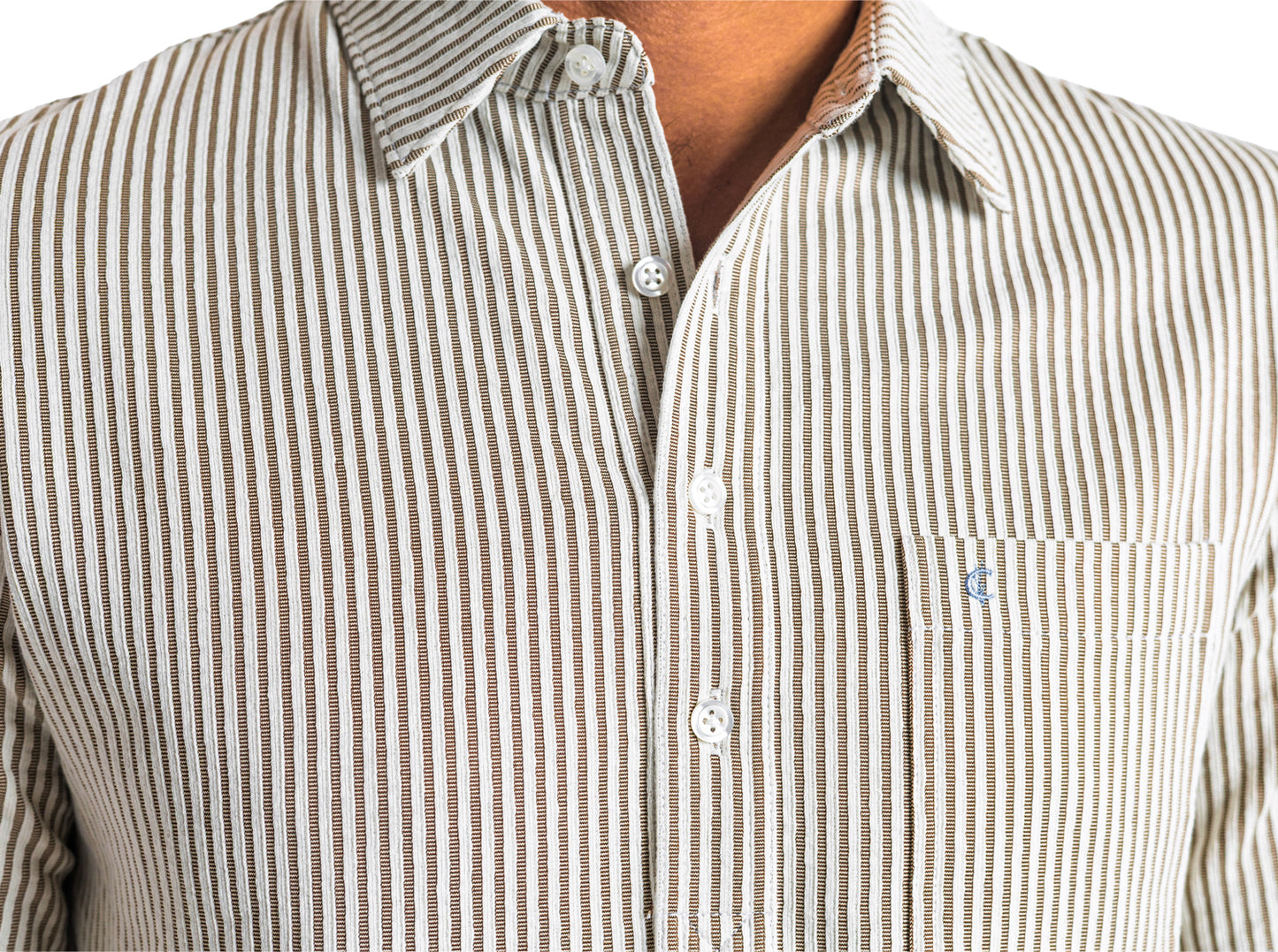 Criquet Striped Jacquard Knit Players Shirt in Terracotta, studio photo