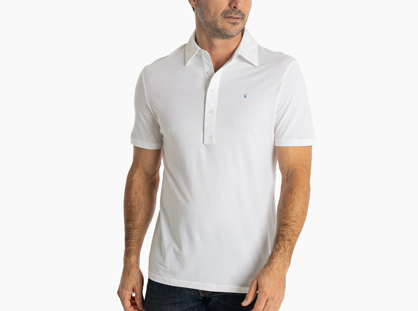 Criquet Slim Fit Top-Shelf Range Polo in Bright White, studio photo