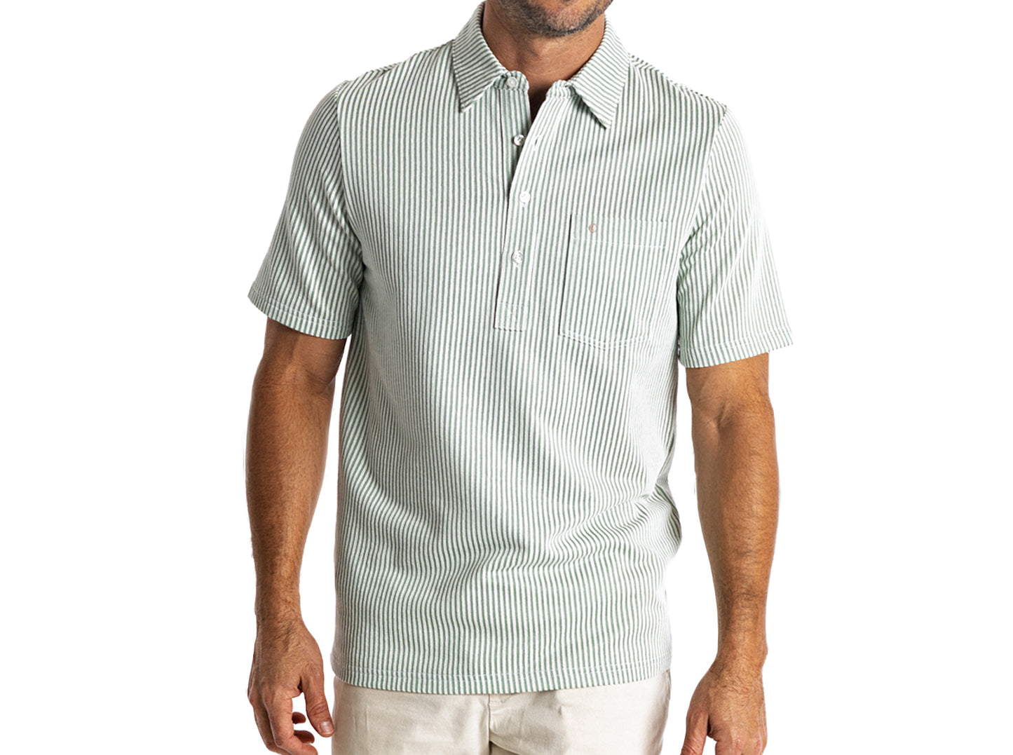 Criquet Striped Jacquard Knit Players Shirt in Green, studio photo