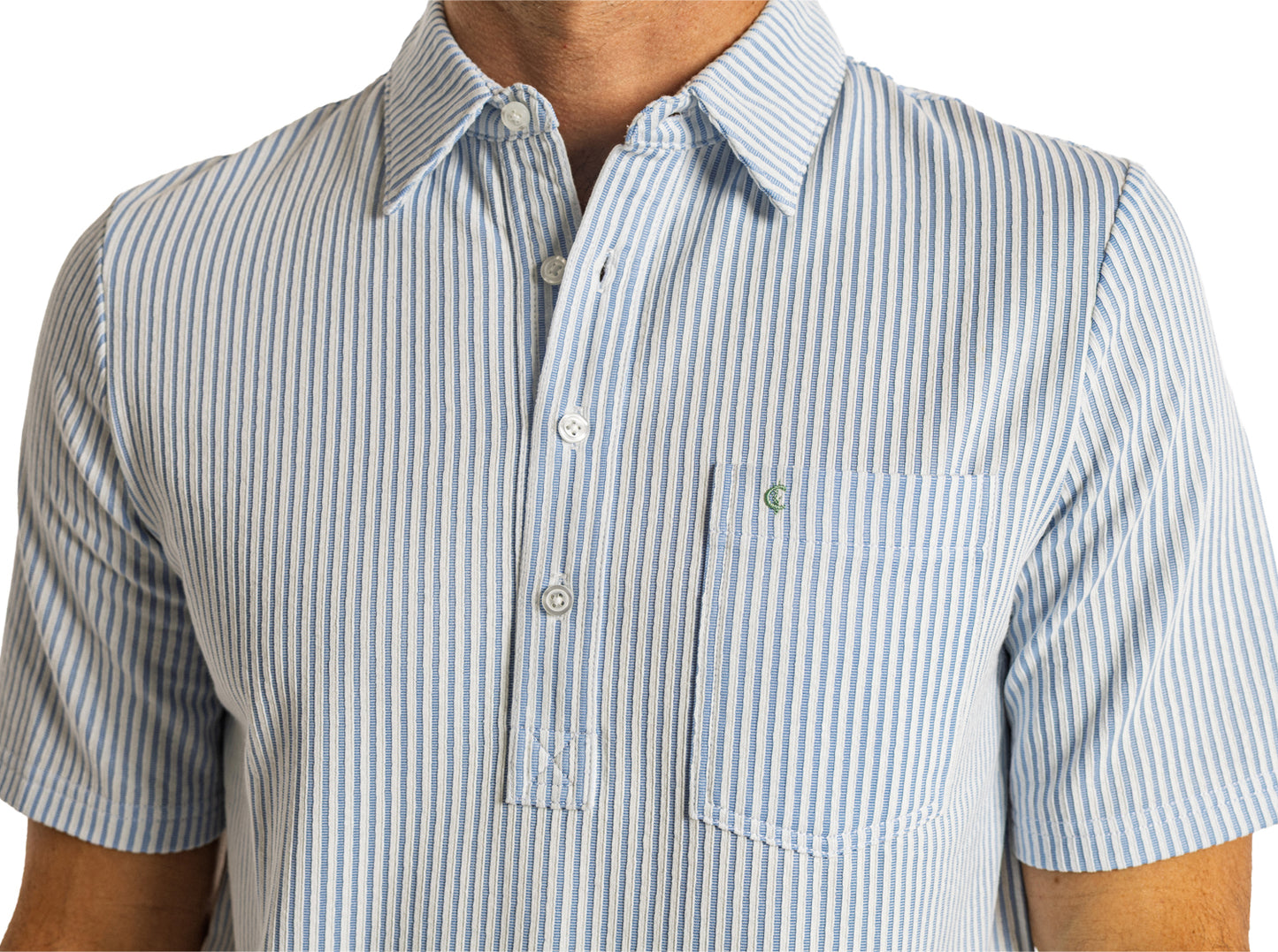Criquet Striped Jacquard Knit Players Shirt in Blue, studio photo