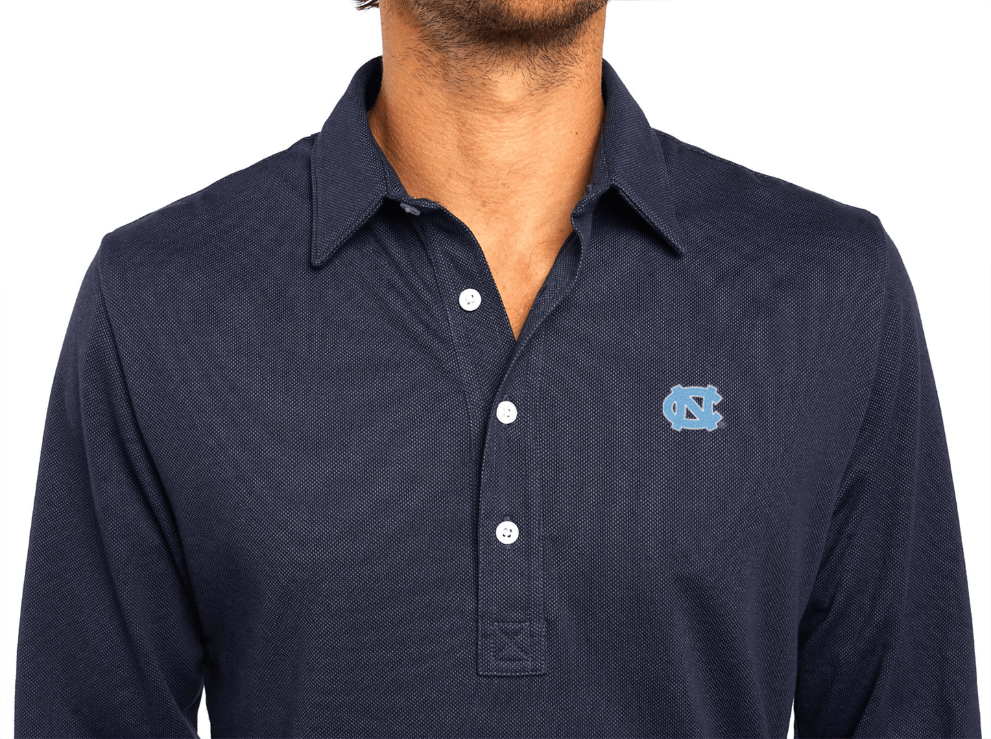 Criquet North Carolina in Jacquard Long Sleeve Range Polo, NC, Navy, view 2