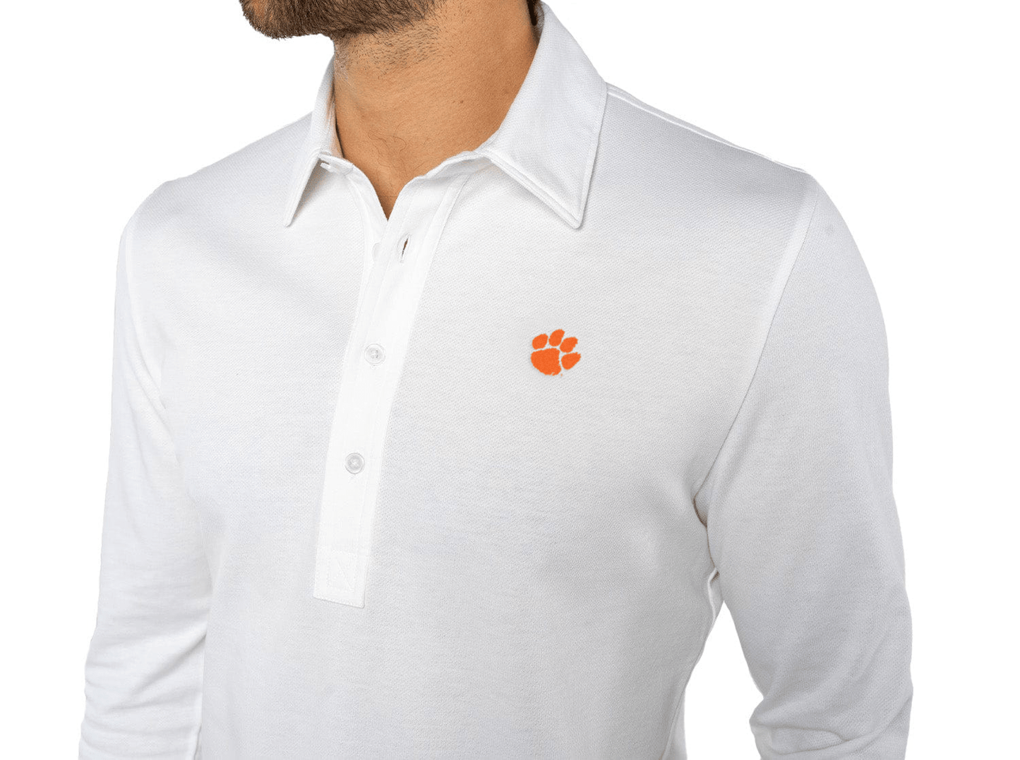 Criquet Clemson in Jacquard Long Sleeve Polo, Paw, White, view 2