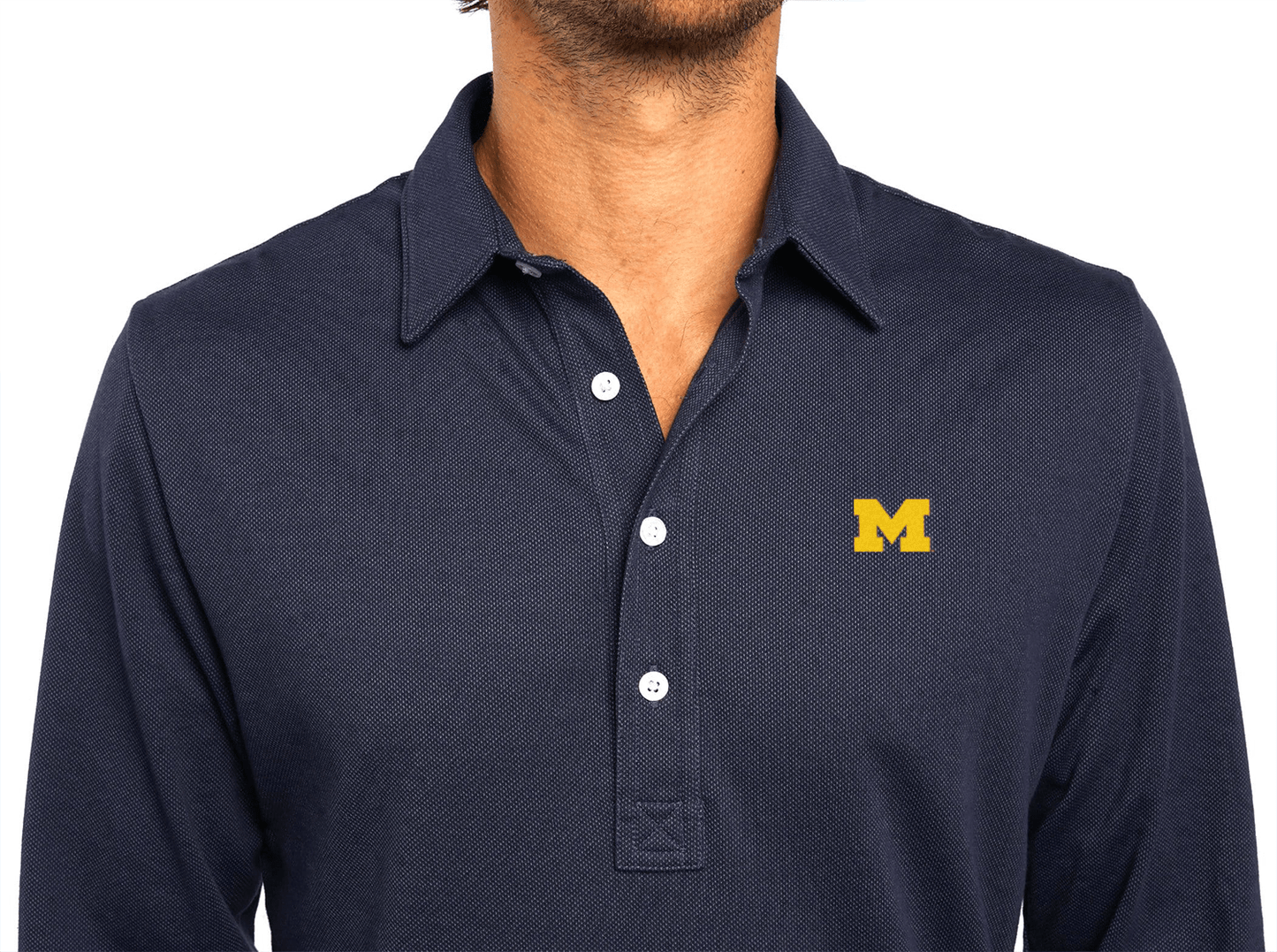 Criquet Michigan Jacquard Long Sleeve Range Polo in M Logo, Navy, view 1