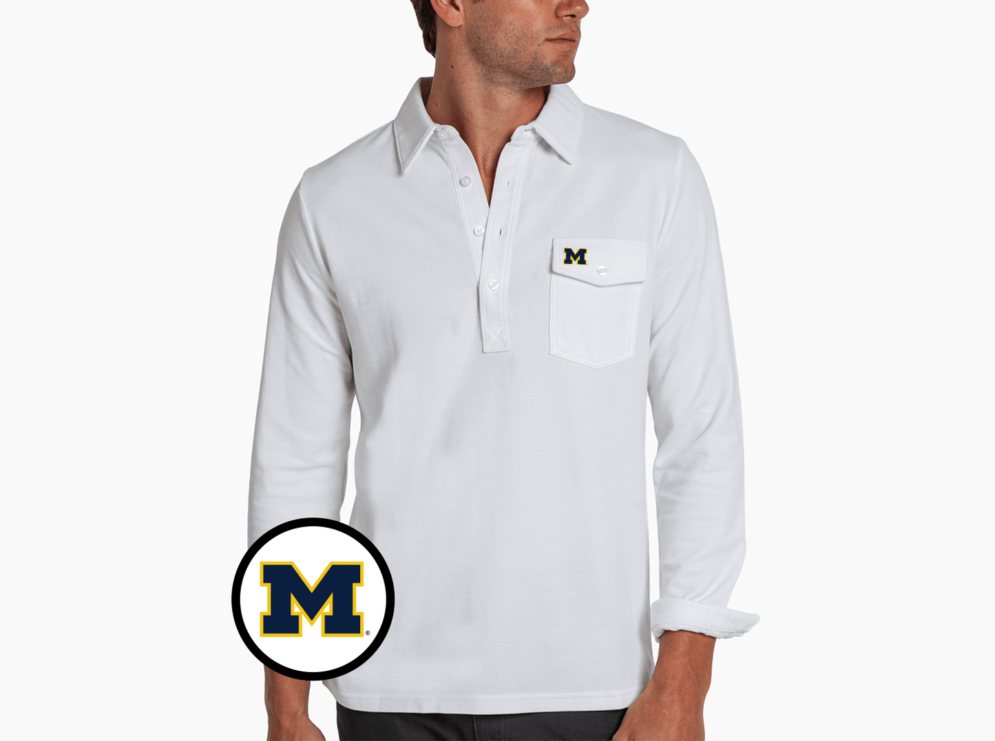 Criquet Michigan Long Sleeve Players Shirt in M Logo, White, view 1